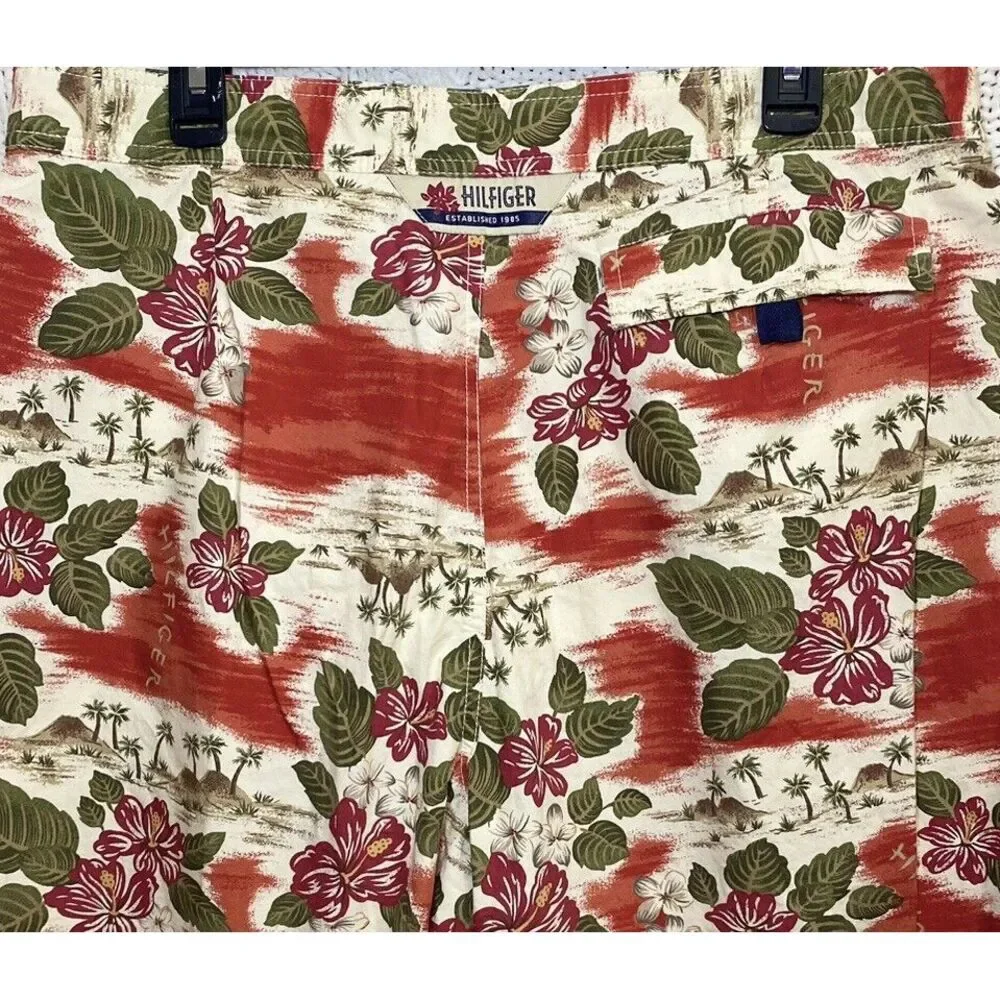 Tommy HilfigerHawaiian Floral Swim Trunks Beach Shorts Palm Trees Red White S‎
